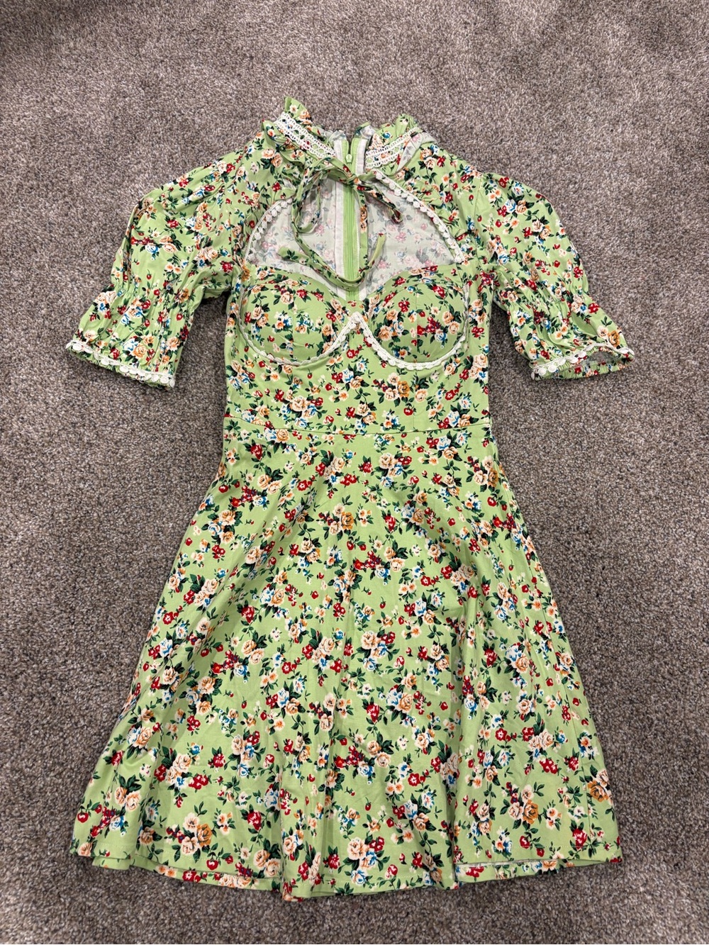 Tiffany Studios Green Floral Tie-Neck Mini Dress with Sweetheart Bodice